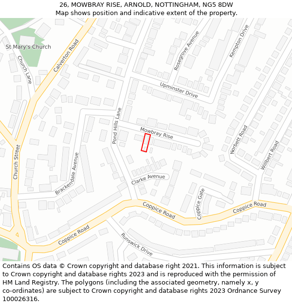 26, MOWBRAY RISE, ARNOLD, NOTTINGHAM, NG5 8DW: Location map and indicative extent of plot