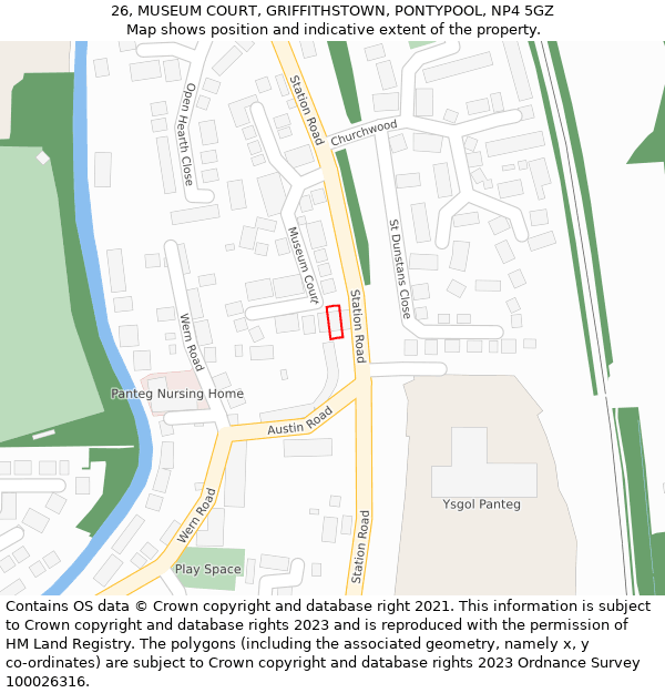 26, MUSEUM COURT, GRIFFITHSTOWN, PONTYPOOL, NP4 5GZ: Location map and indicative extent of plot