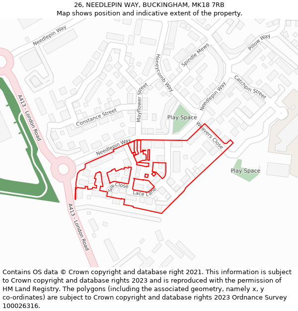 26, NEEDLEPIN WAY, BUCKINGHAM, MK18 7RB: Location map and indicative extent of plot