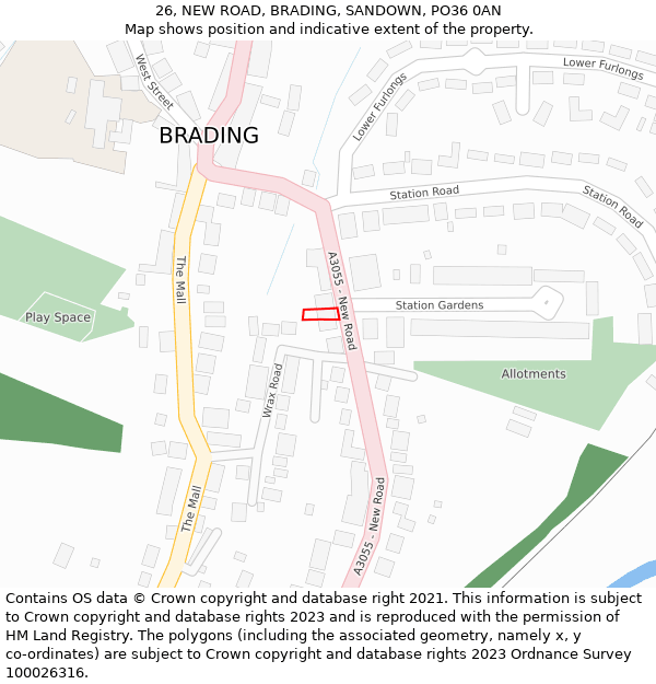 26, NEW ROAD, BRADING, SANDOWN, PO36 0AN: Location map and indicative extent of plot