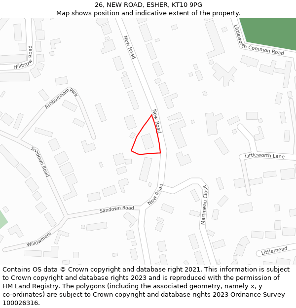 26, NEW ROAD, ESHER, KT10 9PG: Location map and indicative extent of plot