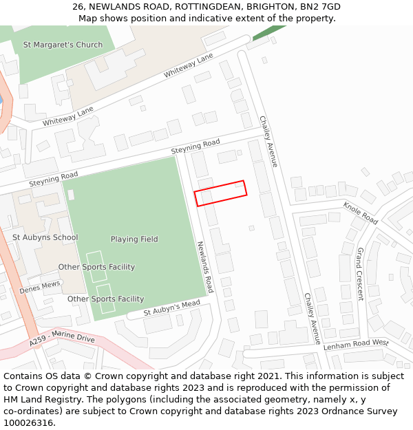 26, NEWLANDS ROAD, ROTTINGDEAN, BRIGHTON, BN2 7GD: Location map and indicative extent of plot