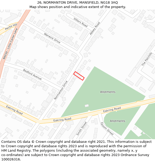 26, NORMANTON DRIVE, MANSFIELD, NG18 3AQ: Location map and indicative extent of plot