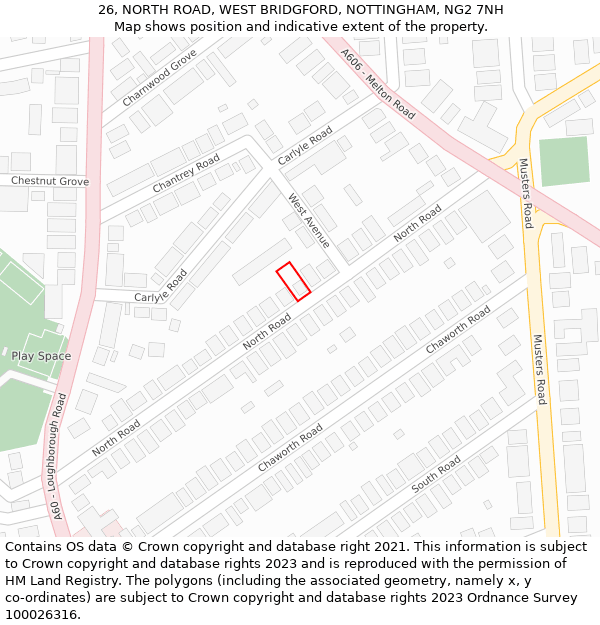 26, NORTH ROAD, WEST BRIDGFORD, NOTTINGHAM, NG2 7NH: Location map and indicative extent of plot