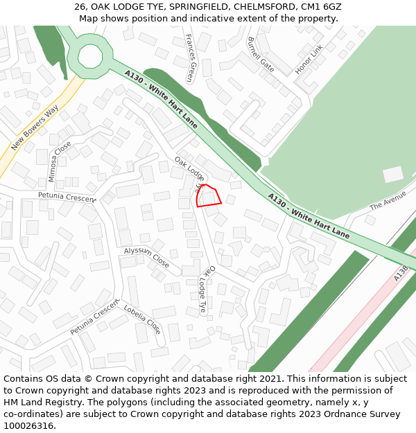 26, OAK LODGE TYE, SPRINGFIELD, CHELMSFORD, CM1 6GZ: Location map and indicative extent of plot