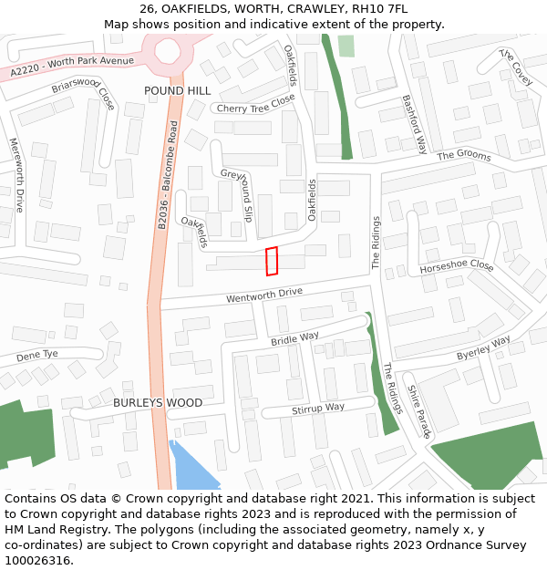 26, OAKFIELDS, WORTH, CRAWLEY, RH10 7FL: Location map and indicative extent of plot