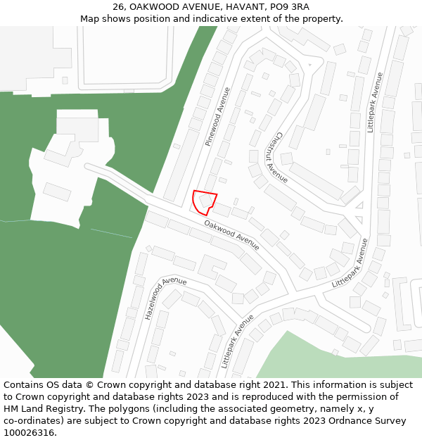 26, OAKWOOD AVENUE, HAVANT, PO9 3RA: Location map and indicative extent of plot