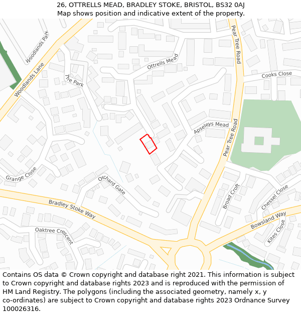 26, OTTRELLS MEAD, BRADLEY STOKE, BRISTOL, BS32 0AJ: Location map and indicative extent of plot