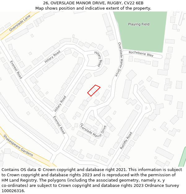 26, OVERSLADE MANOR DRIVE, RUGBY, CV22 6EB: Location map and indicative extent of plot