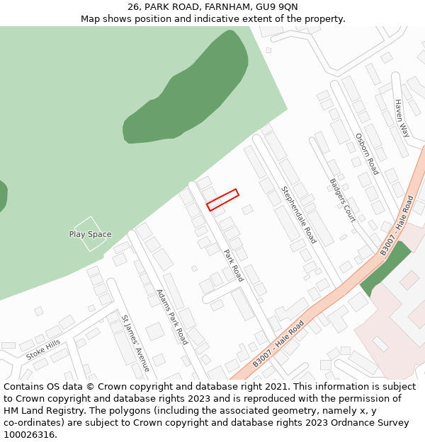26, PARK ROAD, FARNHAM, GU9 9QN: Location map and indicative extent of plot