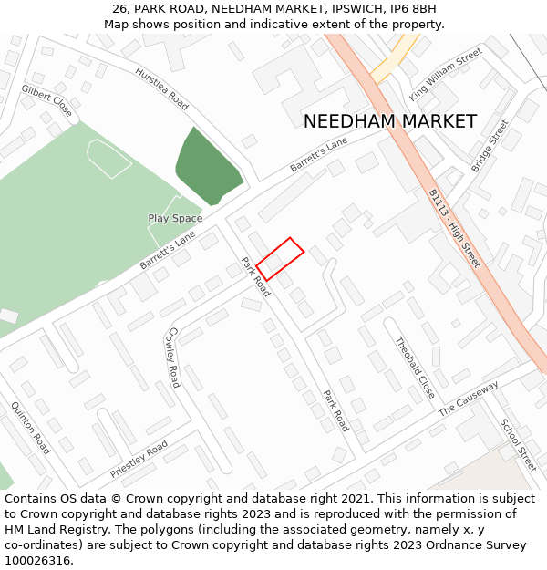 26, PARK ROAD, NEEDHAM MARKET, IPSWICH, IP6 8BH: Location map and indicative extent of plot