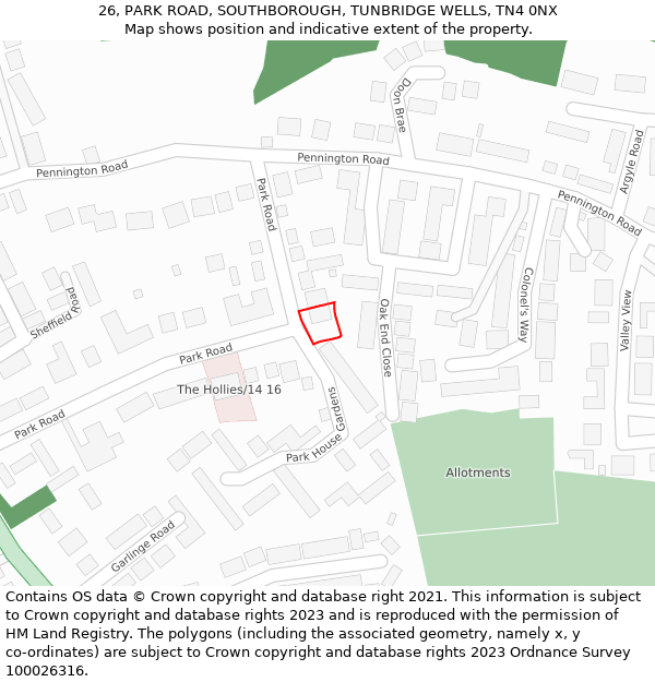 26, PARK ROAD, SOUTHBOROUGH, TUNBRIDGE WELLS, TN4 0NX: Location map and indicative extent of plot