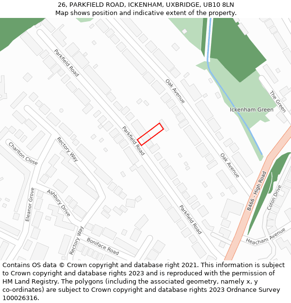 26, PARKFIELD ROAD, ICKENHAM, UXBRIDGE, UB10 8LN: Location map and indicative extent of plot