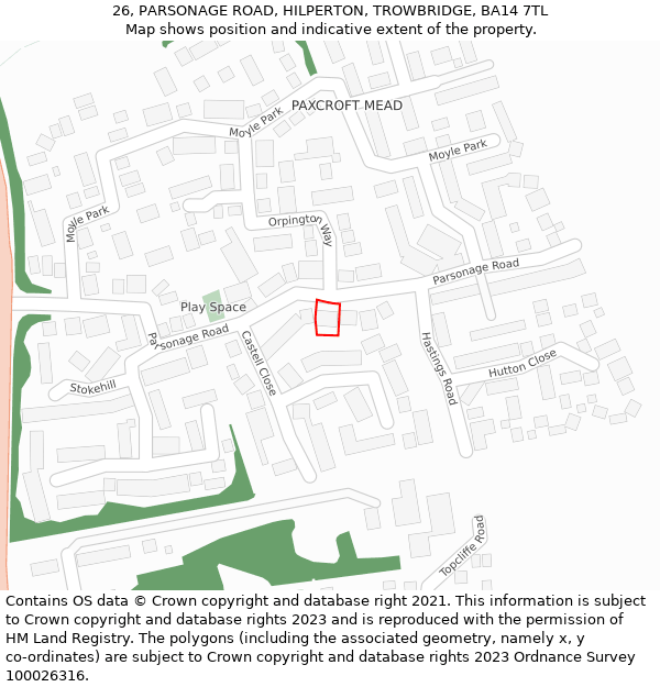 26, PARSONAGE ROAD, HILPERTON, TROWBRIDGE, BA14 7TL: Location map and indicative extent of plot