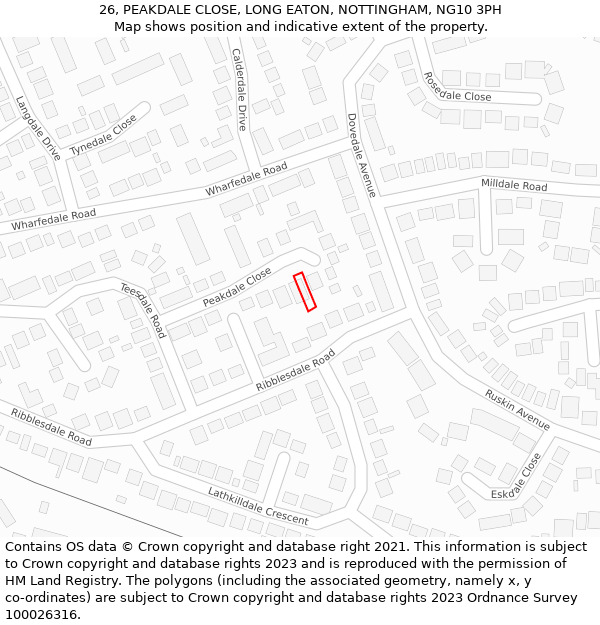 26, PEAKDALE CLOSE, LONG EATON, NOTTINGHAM, NG10 3PH: Location map and indicative extent of plot