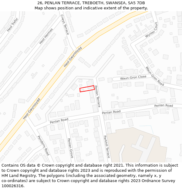 26, PENLAN TERRACE, TREBOETH, SWANSEA, SA5 7DB: Location map and indicative extent of plot