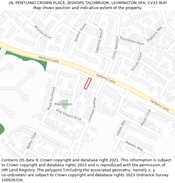 26, PENTLAND CROWN PLACE, BISHOPS TACHBROOK, LEAMINGTON SPA, CV33 9UH: Location map and indicative extent of plot