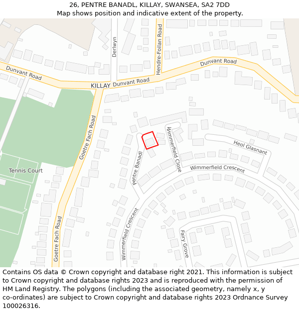 26, PENTRE BANADL, KILLAY, SWANSEA, SA2 7DD: Location map and indicative extent of plot