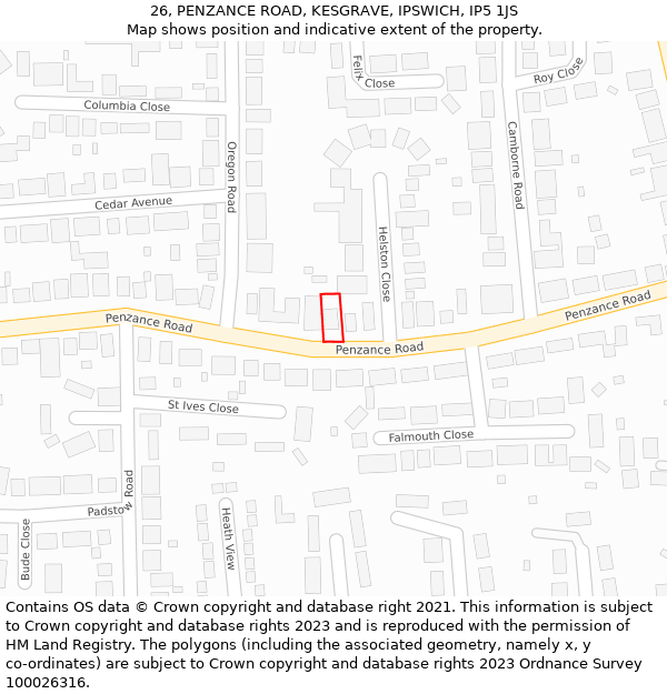 26, PENZANCE ROAD, KESGRAVE, IPSWICH, IP5 1JS: Location map and indicative extent of plot