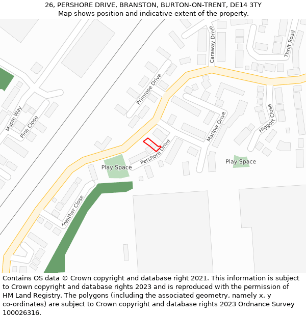 26, PERSHORE DRIVE, BRANSTON, BURTON-ON-TRENT, DE14 3TY: Location map and indicative extent of plot