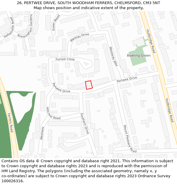 26, PERTWEE DRIVE, SOUTH WOODHAM FERRERS, CHELMSFORD, CM3 5NT: Location map and indicative extent of plot