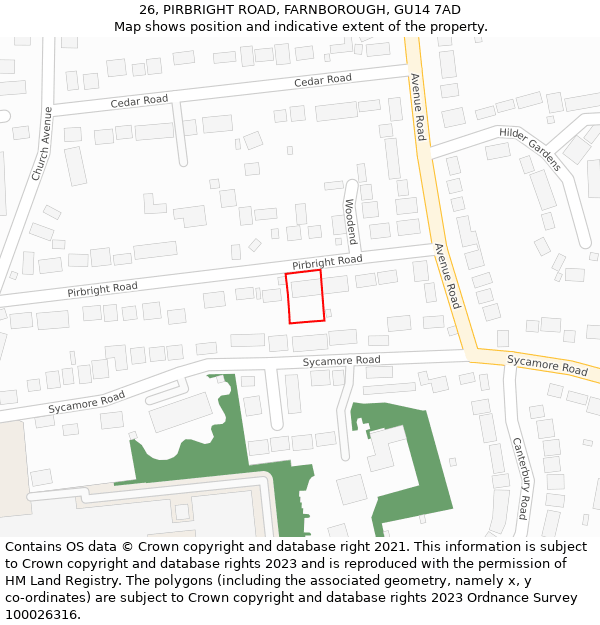 26, PIRBRIGHT ROAD, FARNBOROUGH, GU14 7AD: Location map and indicative extent of plot