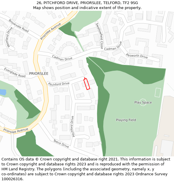 26, PITCHFORD DRIVE, PRIORSLEE, TELFORD, TF2 9SG: Location map and indicative extent of plot