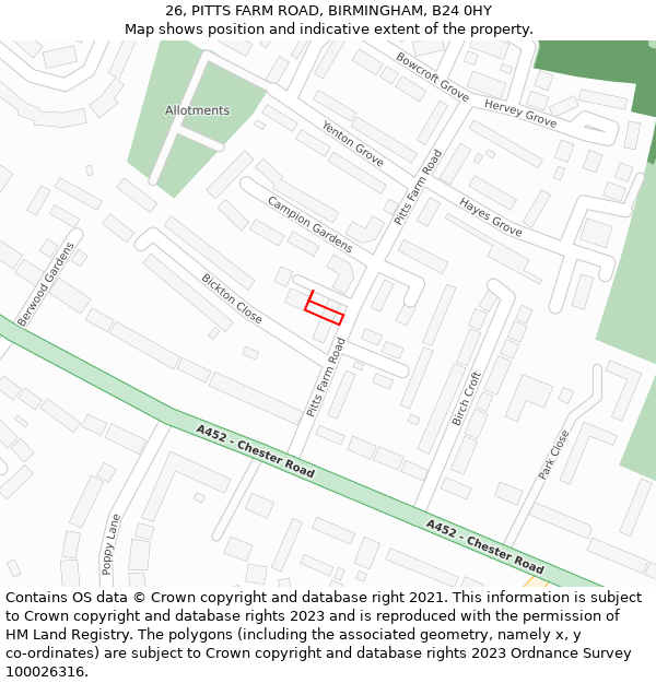 26, PITTS FARM ROAD, BIRMINGHAM, B24 0HY: Location map and indicative extent of plot