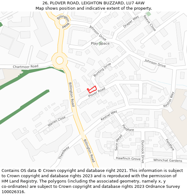 26, PLOVER ROAD, LEIGHTON BUZZARD, LU7 4AW: Location map and indicative extent of plot