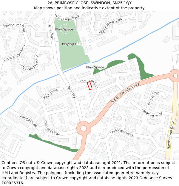 26, PRIMROSE CLOSE, SWINDON, SN25 1QY: Location map and indicative extent of plot