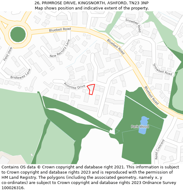 26, PRIMROSE DRIVE, KINGSNORTH, ASHFORD, TN23 3NP: Location map and indicative extent of plot