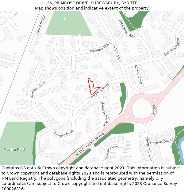 26, PRIMROSE DRIVE, SHREWSBURY, SY3 7TP: Location map and indicative extent of plot