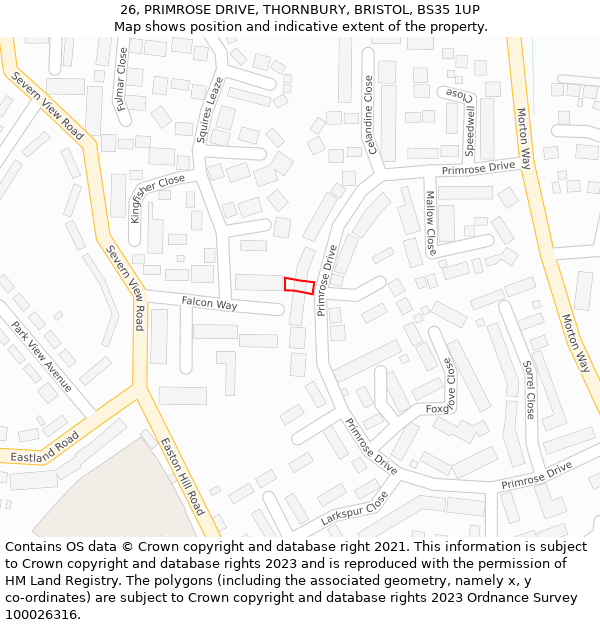 26, PRIMROSE DRIVE, THORNBURY, BRISTOL, BS35 1UP: Location map and indicative extent of plot