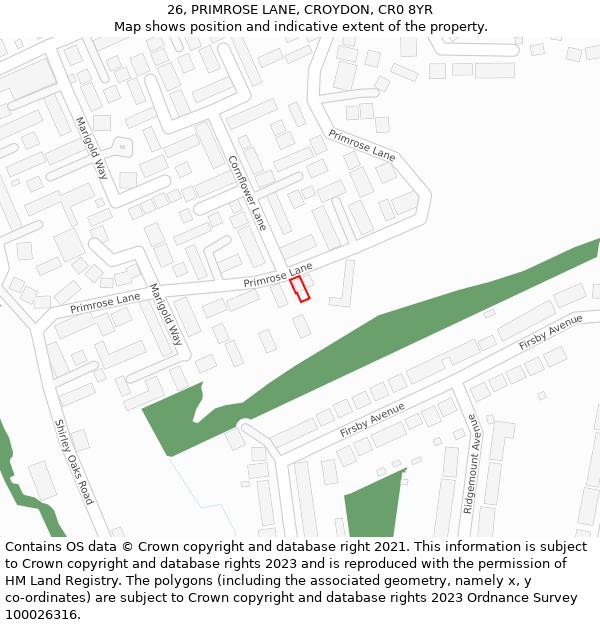 26, PRIMROSE LANE, CROYDON, CR0 8YR: Location map and indicative extent of plot