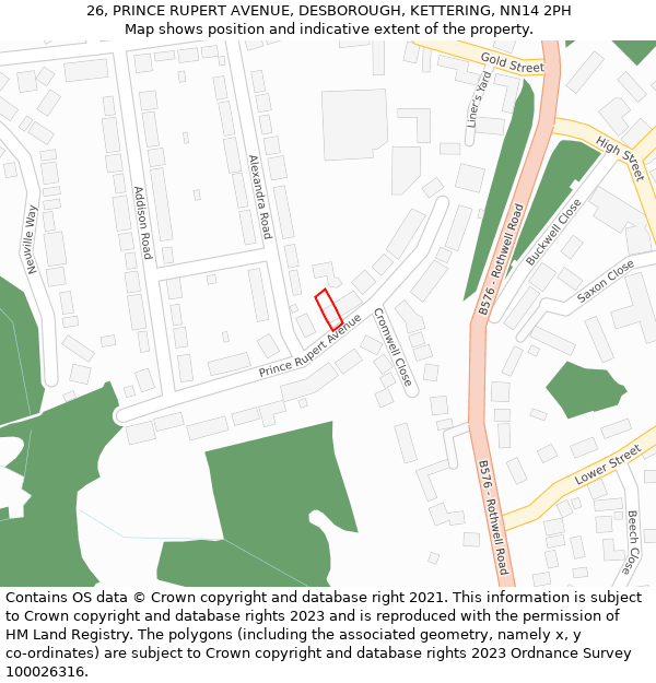 26, PRINCE RUPERT AVENUE, DESBOROUGH, KETTERING, NN14 2PH: Location map and indicative extent of plot