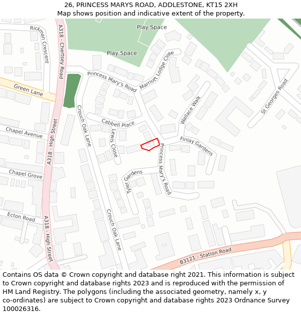 26, PRINCESS MARYS ROAD, ADDLESTONE, KT15 2XH: Location map and indicative extent of plot