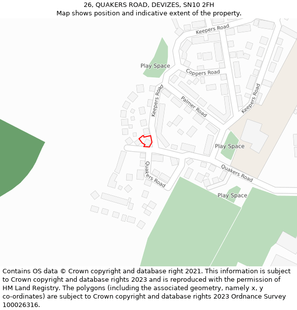 26, QUAKERS ROAD, DEVIZES, SN10 2FH: Location map and indicative extent of plot
