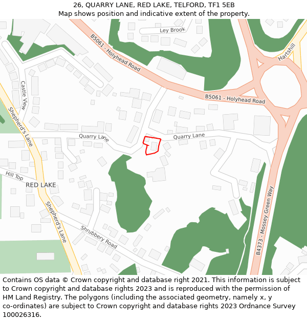 26, QUARRY LANE, RED LAKE, TELFORD, TF1 5EB: Location map and indicative extent of plot