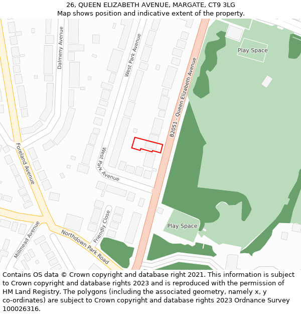 26, QUEEN ELIZABETH AVENUE, MARGATE, CT9 3LG: Location map and indicative extent of plot