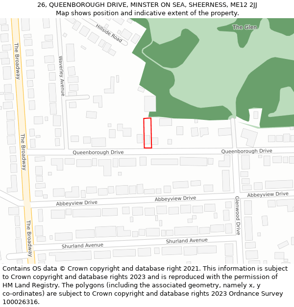 26, QUEENBOROUGH DRIVE, MINSTER ON SEA, SHEERNESS, ME12 2JJ: Location map and indicative extent of plot