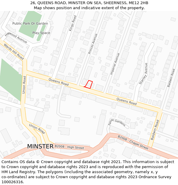 26, QUEENS ROAD, MINSTER ON SEA, SHEERNESS, ME12 2HB: Location map and indicative extent of plot