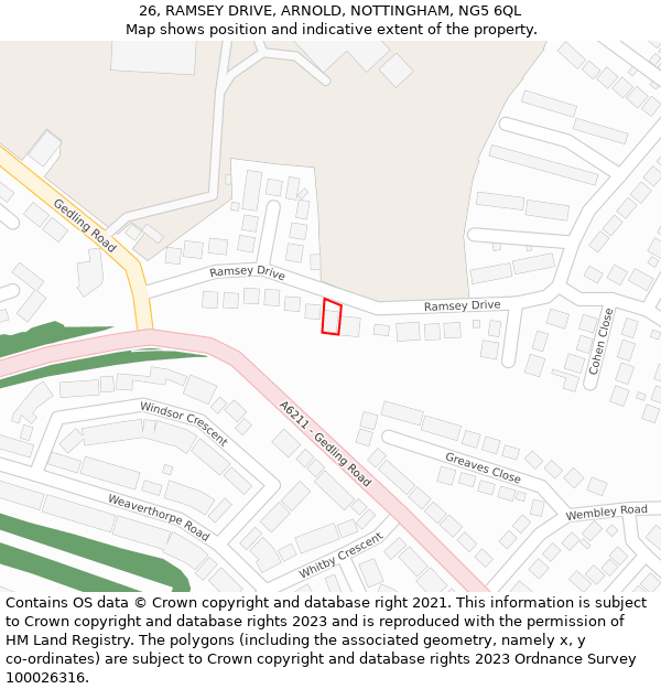 26, RAMSEY DRIVE, ARNOLD, NOTTINGHAM, NG5 6QL: Location map and indicative extent of plot
