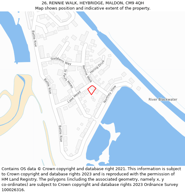 26, RENNIE WALK, HEYBRIDGE, MALDON, CM9 4QH: Location map and indicative extent of plot