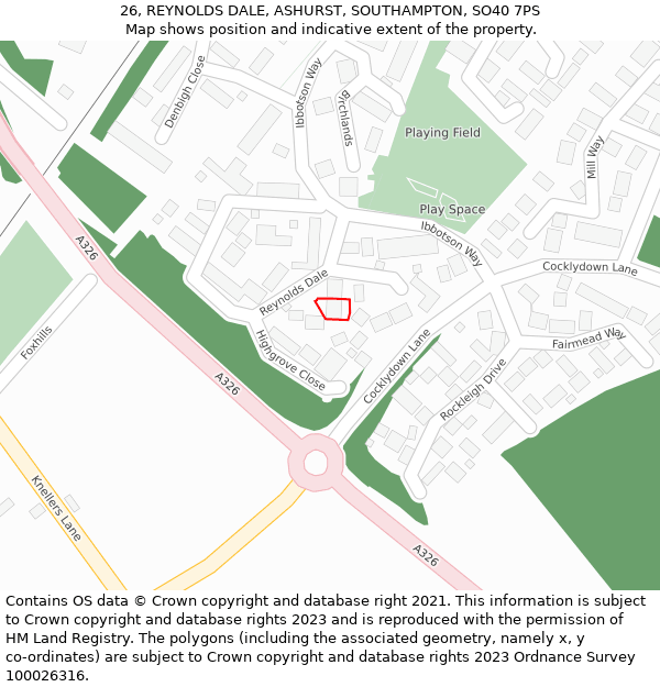 26, REYNOLDS DALE, ASHURST, SOUTHAMPTON, SO40 7PS: Location map and indicative extent of plot