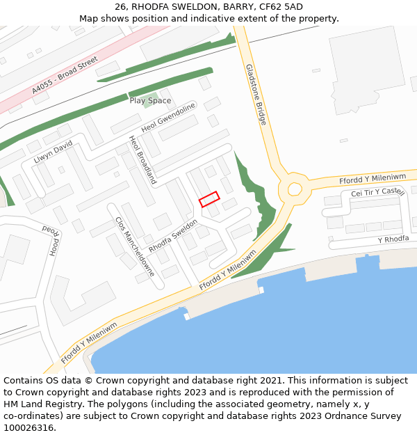 26, RHODFA SWELDON, BARRY, CF62 5AD: Location map and indicative extent of plot