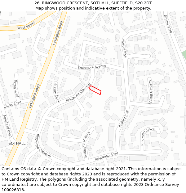 26, RINGWOOD CRESCENT, SOTHALL, SHEFFIELD, S20 2DT: Location map and indicative extent of plot