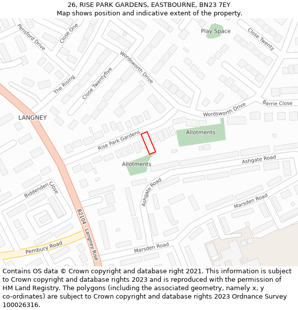 26, RISE PARK GARDENS, EASTBOURNE, BN23 7EY: Location map and indicative extent of plot
