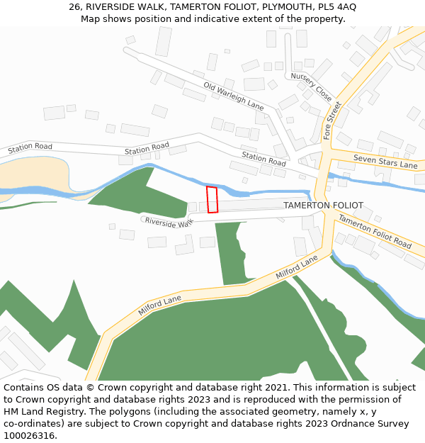 26, RIVERSIDE WALK, TAMERTON FOLIOT, PLYMOUTH, PL5 4AQ: Location map and indicative extent of plot