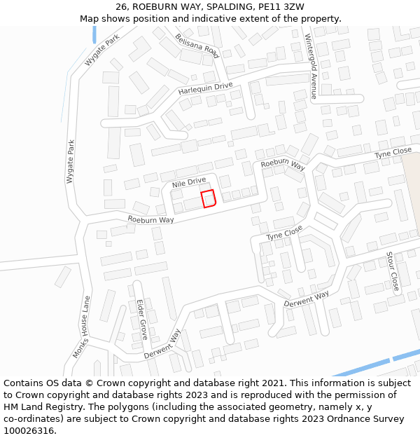 26, ROEBURN WAY, SPALDING, PE11 3ZW: Location map and indicative extent of plot