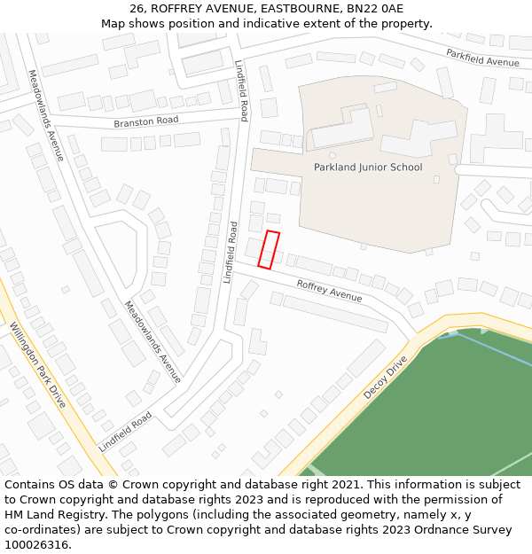 26, ROFFREY AVENUE, EASTBOURNE, BN22 0AE: Location map and indicative extent of plot